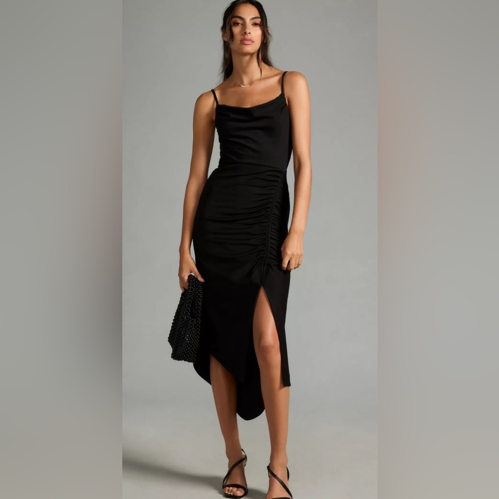 Anthropologie Black Ruched Midi Dress with Side Slit